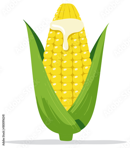 Illustration of a corn cob with cream, and green husks, cartoon style.