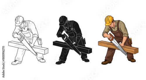 Carpenter sawing wood in three different styles outline, silhouette, and color version