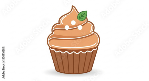Delicious cupcake with caramel frosting and mint leaf vector illustration for dessert lovers design assets