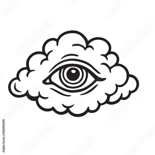 A mystical line-art illustration of an all-seeing eye inside a cloud, symbolizing vision, mystery, and imagination.