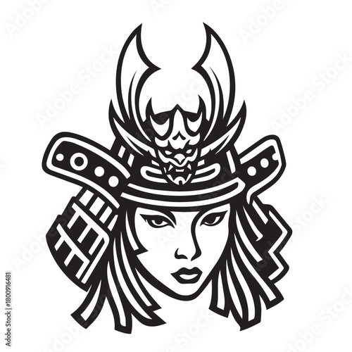 Female samurai face in bold line art with traditional helmet, expressing strength and honor.
