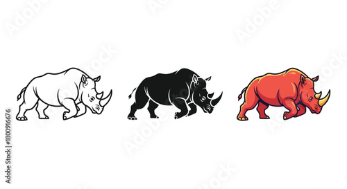 Three rhinoceros illustrations, one in outline, one in silhouette, and one in color