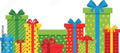 Colorful assortment of wrapped gift boxes with festive patterns like polka dots and stripes topped with decorative bows.