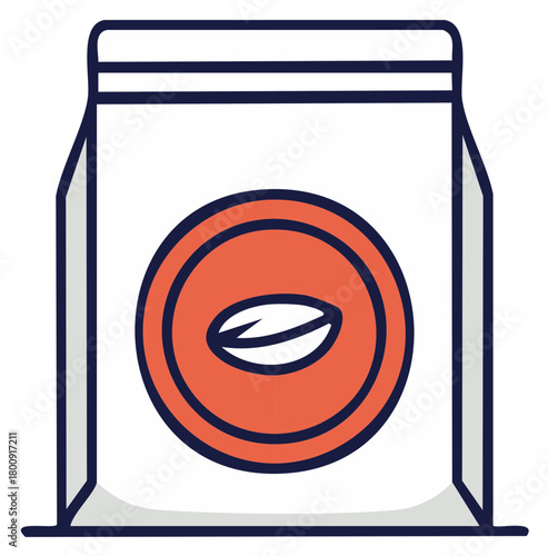 Modern flat design icon representing a coffee bean bag packaging with a central coffee bean symbol