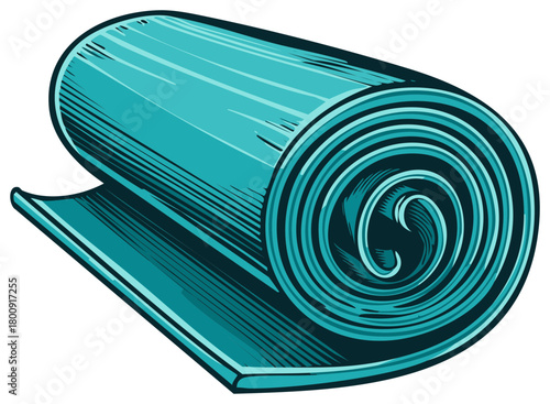 Rolled up blue yoga mat in retro style illustration