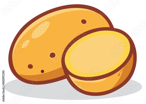 Graphic illustration of a whole potato next to a half cut potato showing interior details