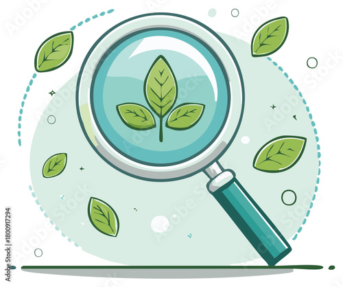 Magnifying glass examining fresh green plant leaves growth ecology research development study