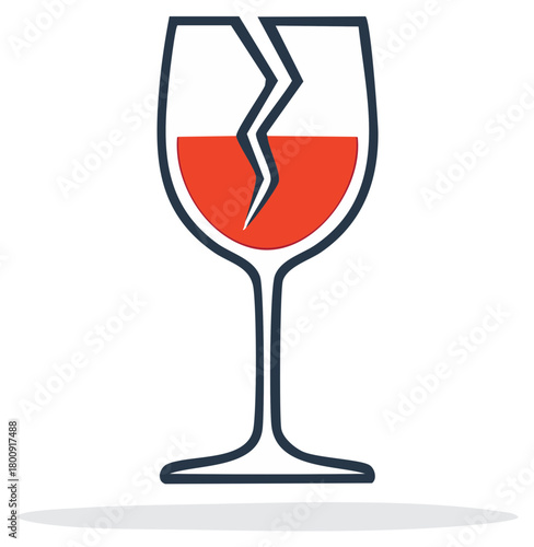 Broken wineglass illustration with red wine symbolizes fragility and caution
