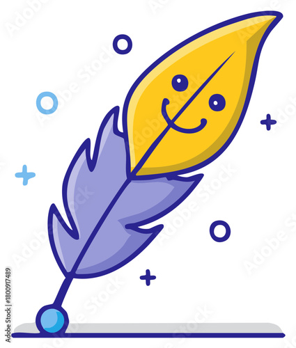 Playful feather quill pen illustration with a joyful smiley face for creative writing and happy ideas