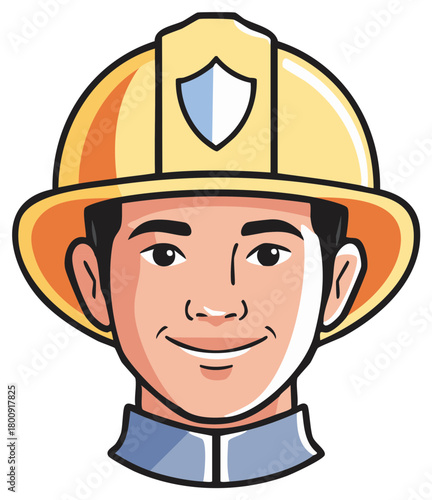 Friendly Firefighter Character Illustration with Helmet and Shield Emblem