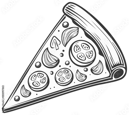 Engraved style illustration of a pizza slice with tomato mushroom and onion toppings