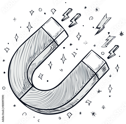 Hand-drawn horseshoe magnet with lightning bolts and stars