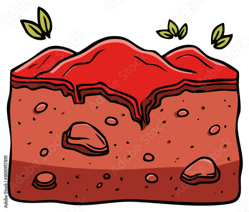 Hearty cartoon slice of layered meatloaf with rich dripping tomato sauce and herbs