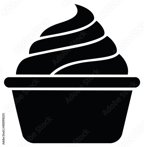 Minimalist black silhouette icon of a sweet cupcake or muffin dessert with creamy topping