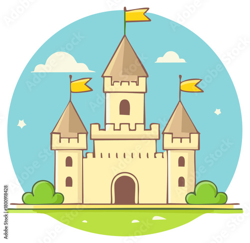 Charming cartoon castle with towers and flags under a blue sky with clouds