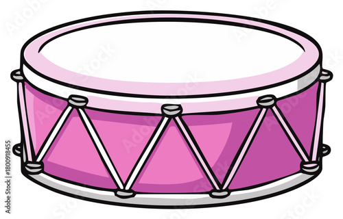 Illustration of a pink drum instrument with white head, decorated with triangles and silver accents in cartoon style