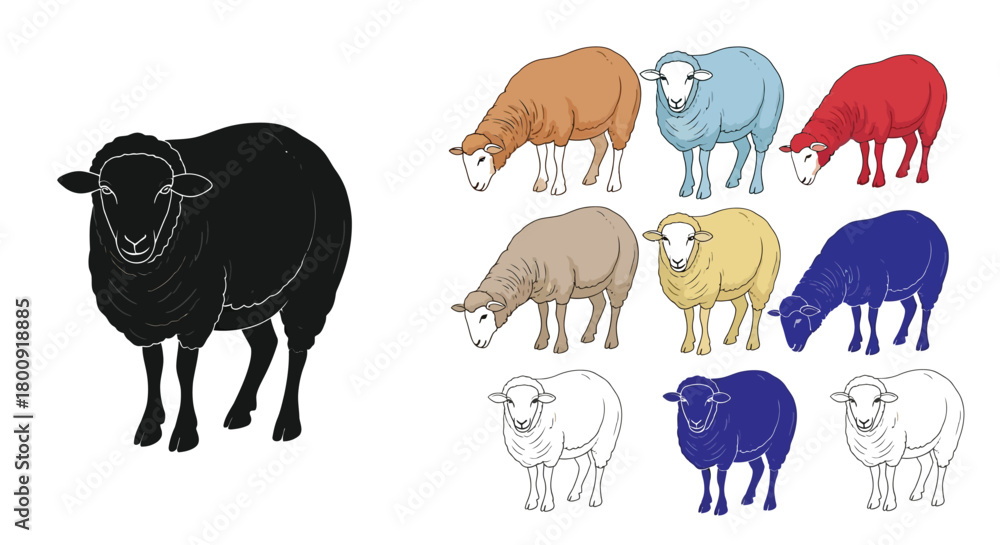Fototapeta premium Illustration of sheep in different colors and styles, including black silhouette, outline, and colored versions