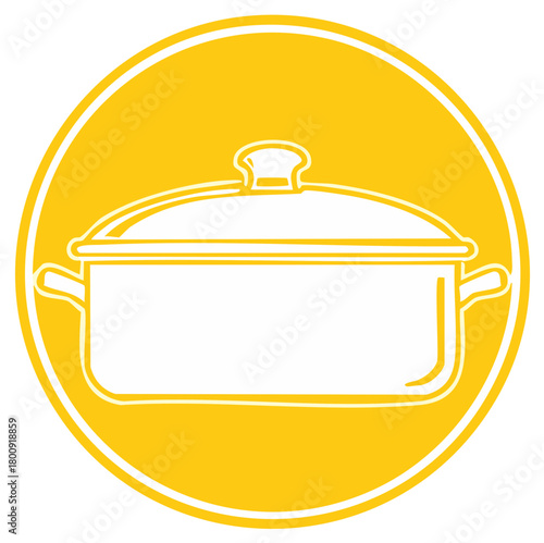 Stylized Pot with Lid Icon Illustration in Yellow Circle Emblem Kitchenware Symbol Simple Graphic