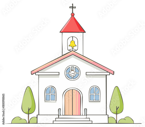 Cartoon Church Building with Red Roof Cross and Bell Isolated