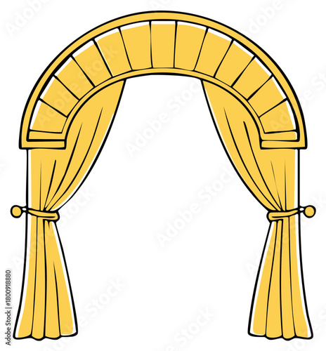 Stylized yellow archway with draped curtains and decorative trim