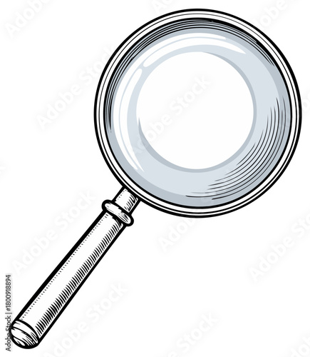 Detailed illustration of a magnifying glass with handle, vintage engraved style