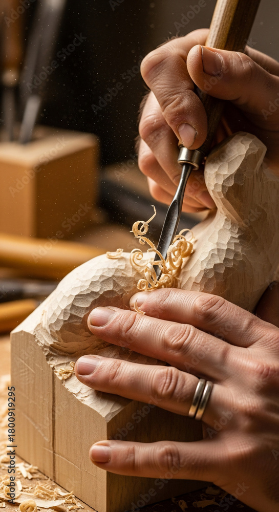 Fototapeta premium Close up of hands carving wood with a chisel, showcasing the intricate detail and delicate skill involved in creating a unique wooden sculpture