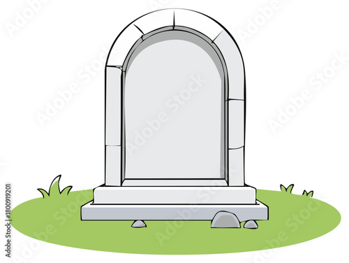 Cartoon style blank arched gravestone standing on green grass illustration