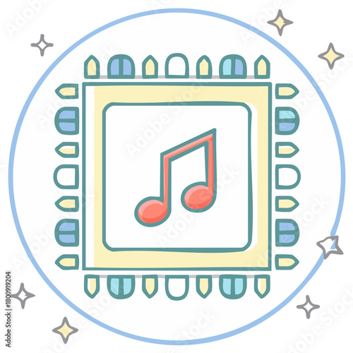 Stylized Illustration of Microchip with Music Note for Digital Entertainment and AI Software