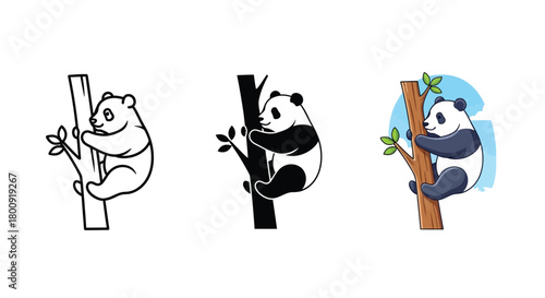 Cute panda climbing a tree, outline, silhouette and color version adorable bear cub climbing tree trunk