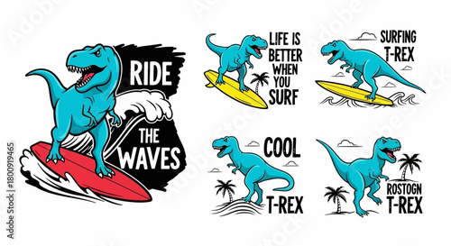 A collection of six surfing t-rex, stylized vector illustrations for t-shirt prints, each featuring a turquoise-blue Tyrannosaurus Rex dinosaur with a cool slogan, set against a plain white background