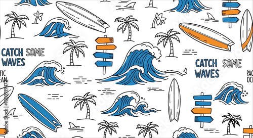 Hand-drawn vector seamless pattern featuring surfboards, palm trees, waves, and slogan texts on a plain white background, rendered in a flat, graphic, and stylized aesthetic with no gradients.