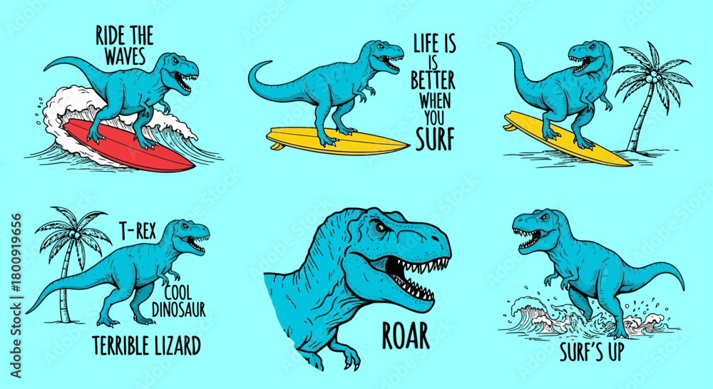Fototapeta premium A collection of six surfing t-rex, stylized vector illustrations for t-shirt prints, each featuring a turquoise-blue Tyrannosaurus Rex dinosaur with a cool slogan, set against a Blue ocean background