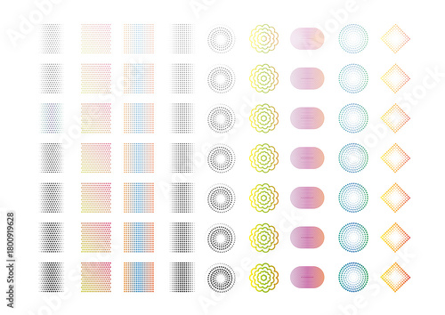 カラフルなグラデーションのドット＆ラインパターンセット／細い線から太い線まで線幅とドットサイズを変化させたデザイン