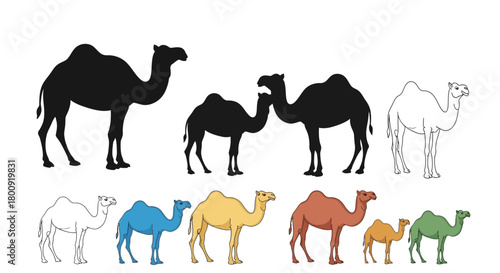 Illustration of a group of camels in different styles, showcasing their unique shapes and colors in a simple design