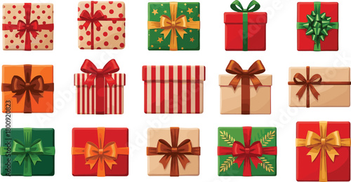 Colorful festive gift boxes with ribbons and bows, Christmas presents collection, holiday packaging decorations, vibrant wrapped gifts for celebration themes