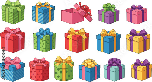 Colorful cartoon gift boxes with bows and ribbons, festive wrapped presents collection for celebrations, birthdays, holidays, Christmas, party decoration elements