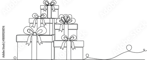 Holiday gift boxes illustration, stacked presents line art drawing with bows and ribbons, festive outline design for celebration, decoration, packaging