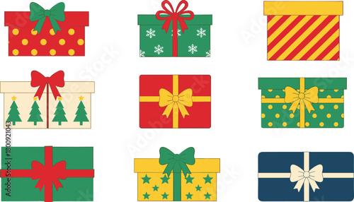 Christmas gift box collection, festive holiday presents with bows, colorful wrapped packages, decorative patterns, seasonal celebration design, vector illustration set