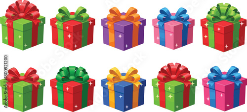 Colorful holiday gift boxes with shiny ribbons, festive wrapped presents for Christmas, birthdays, celebrations, party decorations, bright cheerful illustration