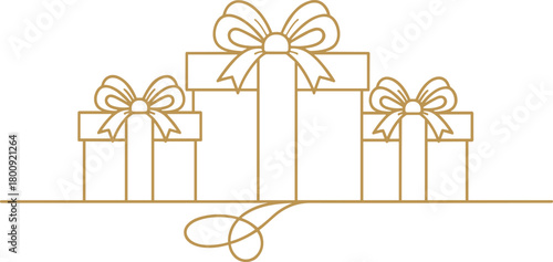 Elegant gold line art gift boxes with bows, luxury present illustration for holidays, celebrations, Christmas, birthdays, festive decorative design Elegant gold line art gift boxes with bows