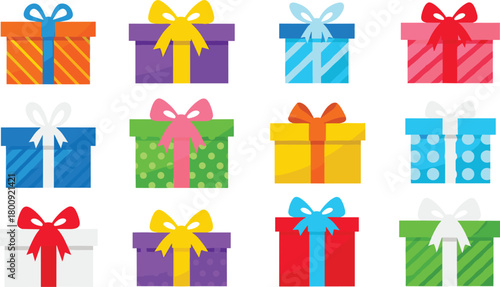Colorful wrapped gift boxes with bows and ribbons, festive present collection illustration for holidays, birthdays, celebrations, party decoration designs
