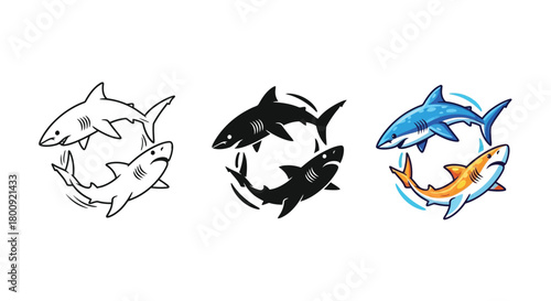 Three shark illustrations showing line art, silhouette, and color, symbolizing duality and transformation