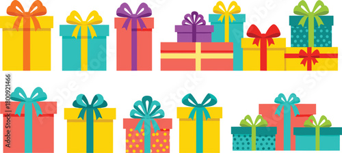 Colorful gift boxes illustration with ribbons and bows, festive wrapped presents collection, holiday celebration packages, bright decorative present designs