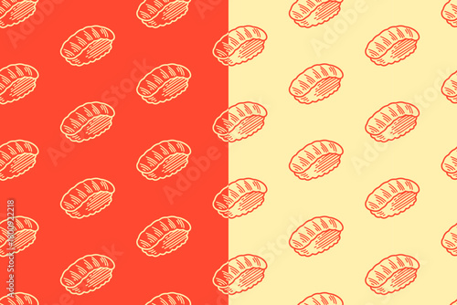 Salmon sushi line art seamless pattern on red white background set for Japanese food. Nigiri sushi engraving doodle pattern background for packaging. Seafood dish hatching motif wallpaper for merch