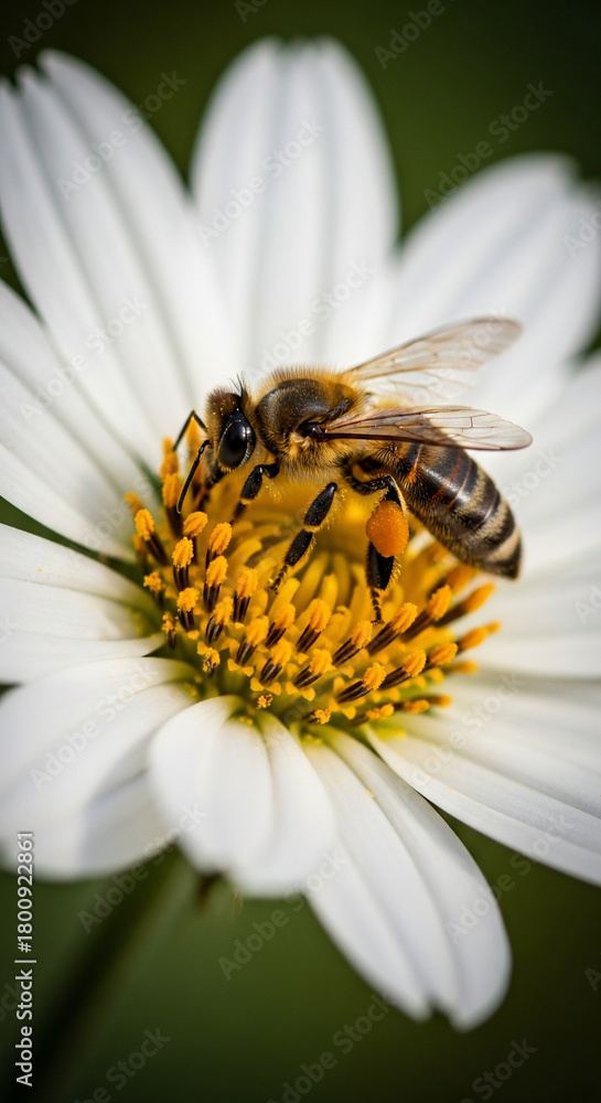 Obraz premium A honeybee diligently collects golden pollen from the vibrant yellow center of a beautiful white daisy flower, an essential moment of natural pollination in a bright garden