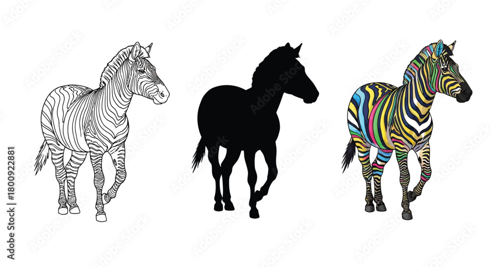 Naklejka premium A zebra in three different styles line art, silhouette, and colorful