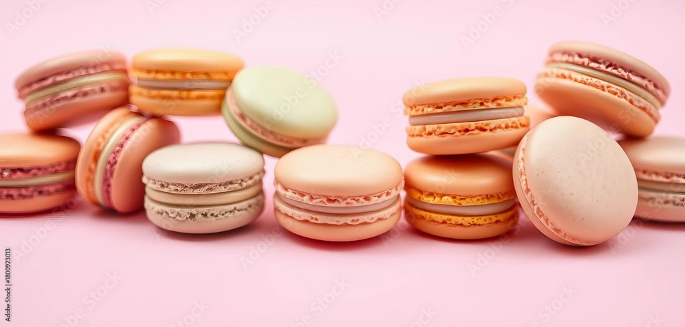 Obraz premium Pastel pink backdrop, delicate macarons arranged artfully, meringue, yummy