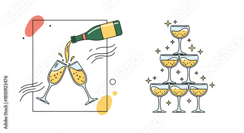 Celebration with champagne glasses and a champagne tower in a festive mood.