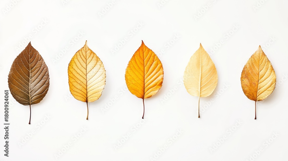 Obraz premium 13.A captivating shot of autumn leaves in various stages of falling, each golden leaf suspended in mid-air against a white background. The leaves exhibit vibrant shades of gold and amber, with gentle