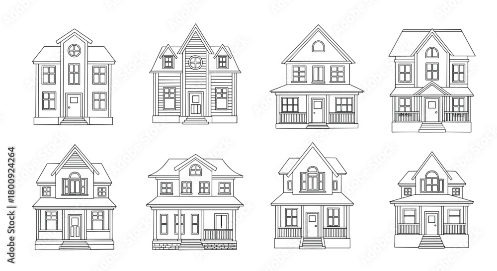 Fototapeta premium Diverse collection of single family home illustrations in a modern sketchy artistic style.
